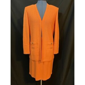 ST JOHN Collection 2Pc Orange Waffle Santana Knit Cardigan Sz 4 Skirt Sz 2 Suit